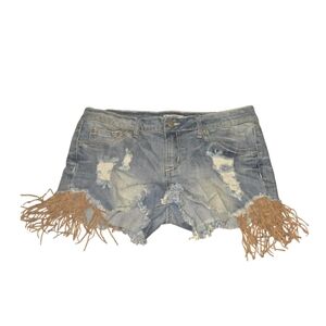 Soundgirl Blue and Tan Jean Shorts with Fringe